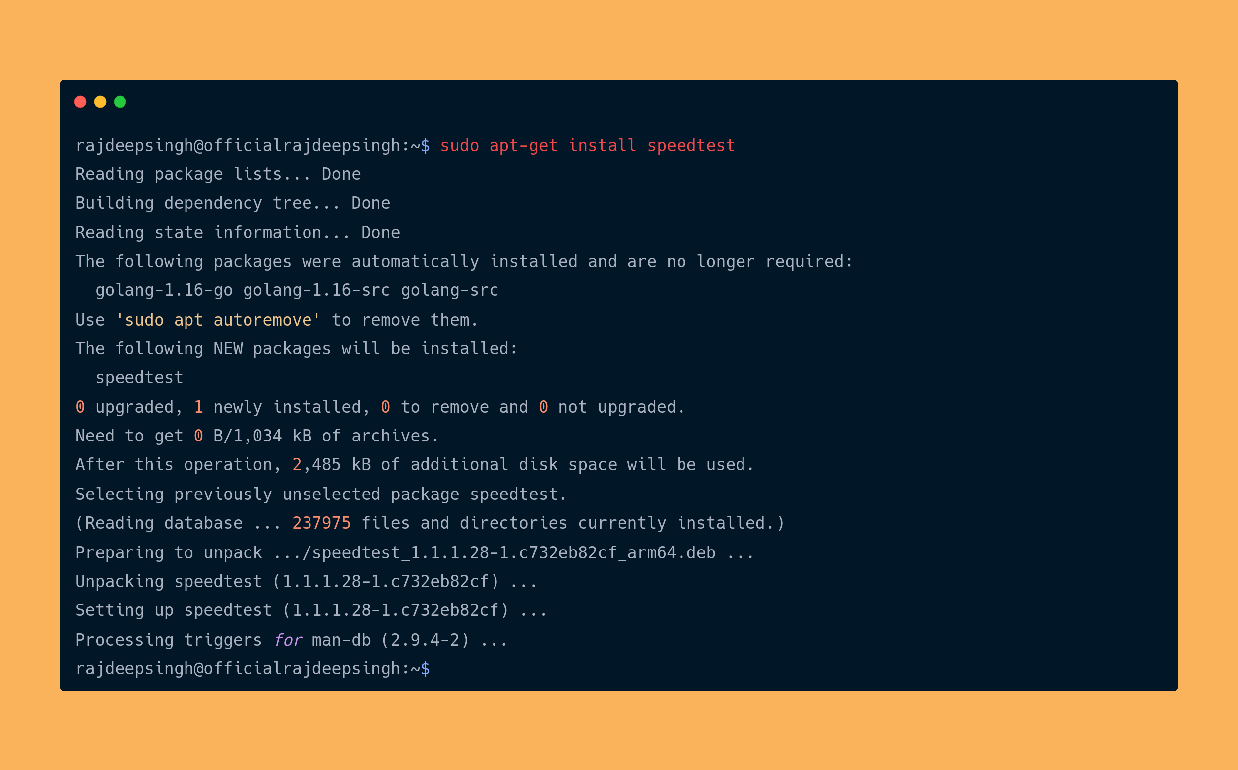Install speed test in ubuntu and raspberry pi 4 command 2