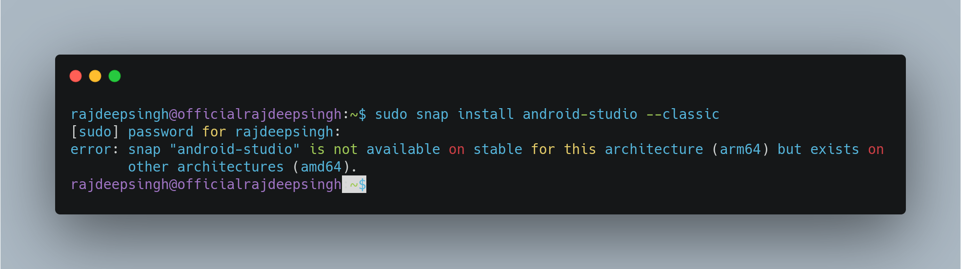 Snap command output in your terminal show architecture error