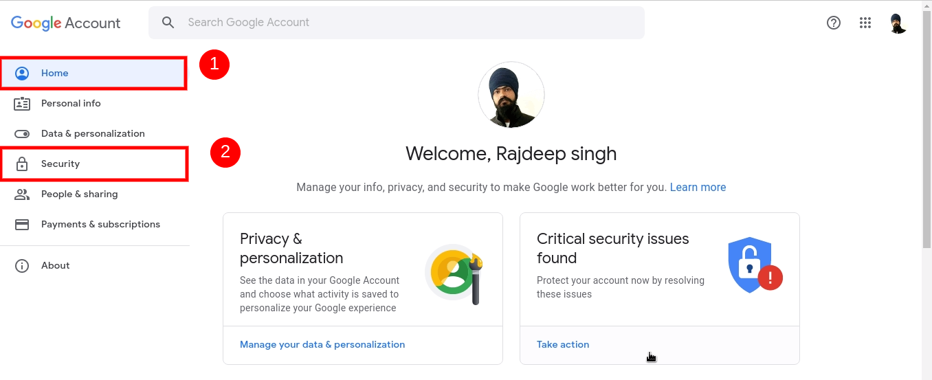 Home Dashboard Click To Security tab